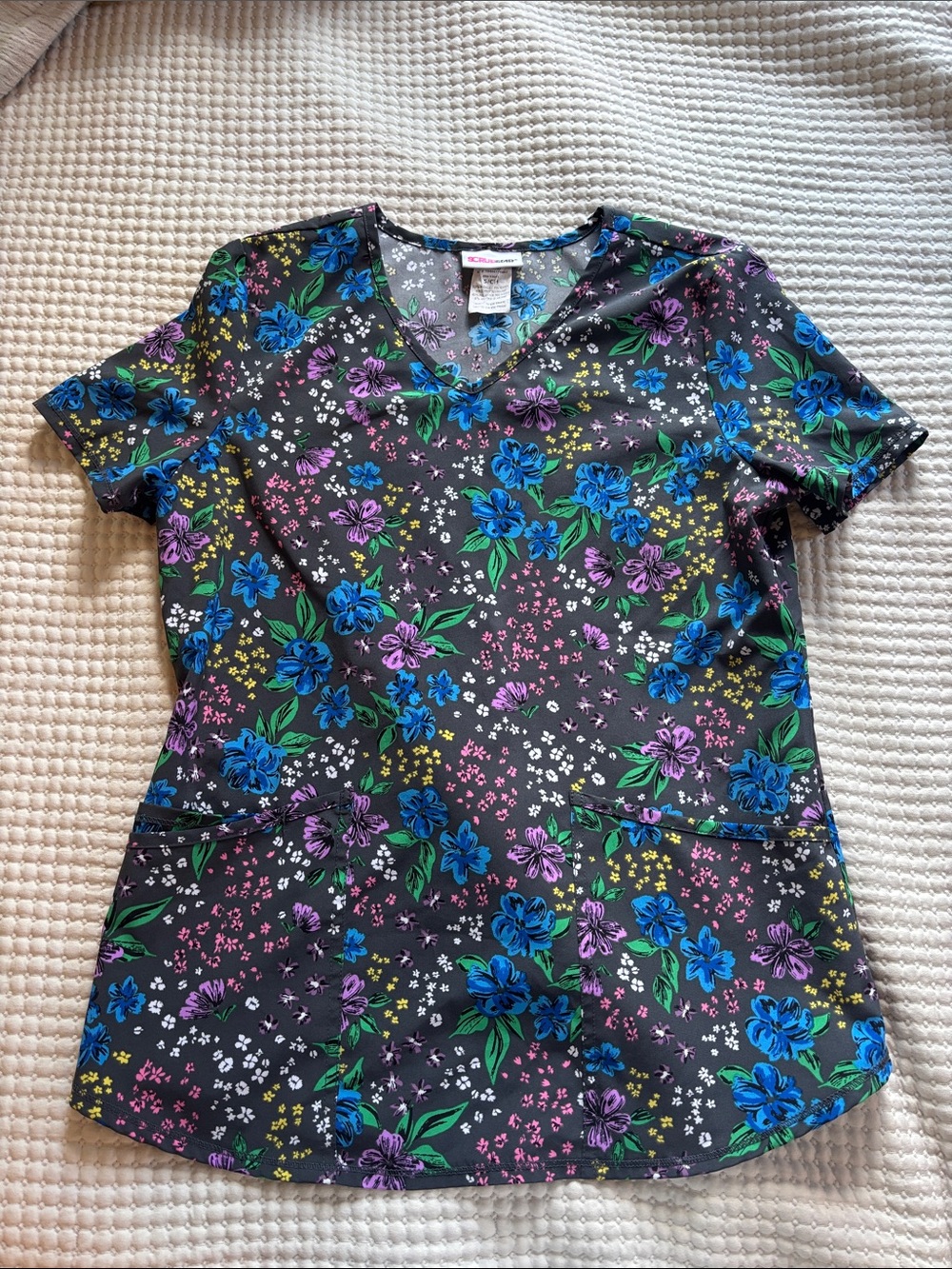 Scrubstar Black V-Neck Scrub Top with Blue & Purple Floral Print
